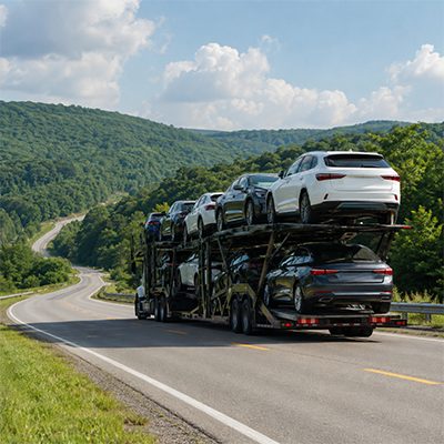 Car carrier traveling green North Carolina hills