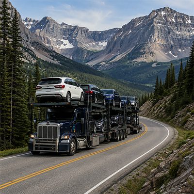 Car carrier passing mountain peaks