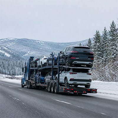 Car carrier on a snowy Minnesota highway