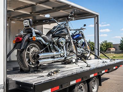Motorcycles strapped inside an enclosed trailer
