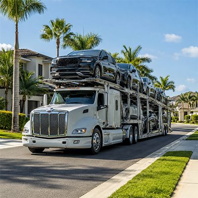 Auto transport carrier arriving in a residential neighborhood