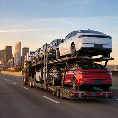 Loaded car carrier leaving the Atlanta skyline