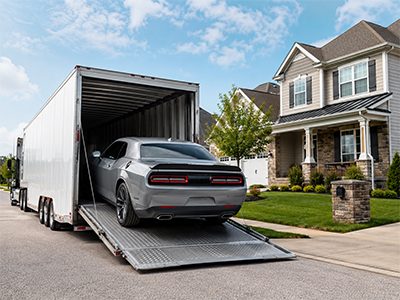 Vehicle being unloaded from a trailer at a residential driveway